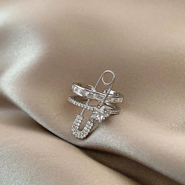 DAIIIBABYYY  -  European And American Style Ring Earrings Exaggerated Micro-Inlaid Zircon Ear Clip Open Ring Pin Design Double Layer Jewelry
